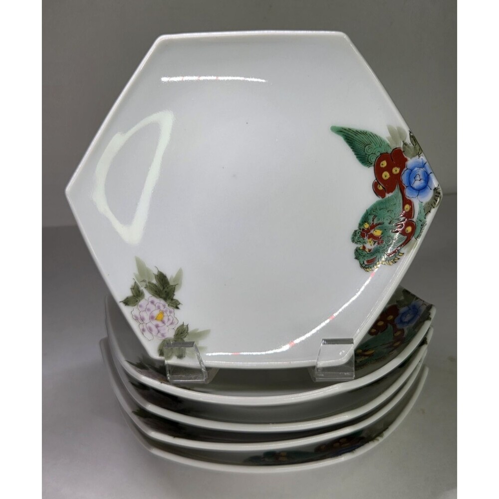 Set Of 5 Hexagonal Plates Hand Painted Foo Dogs Dragons Floral 7.25" Dessert